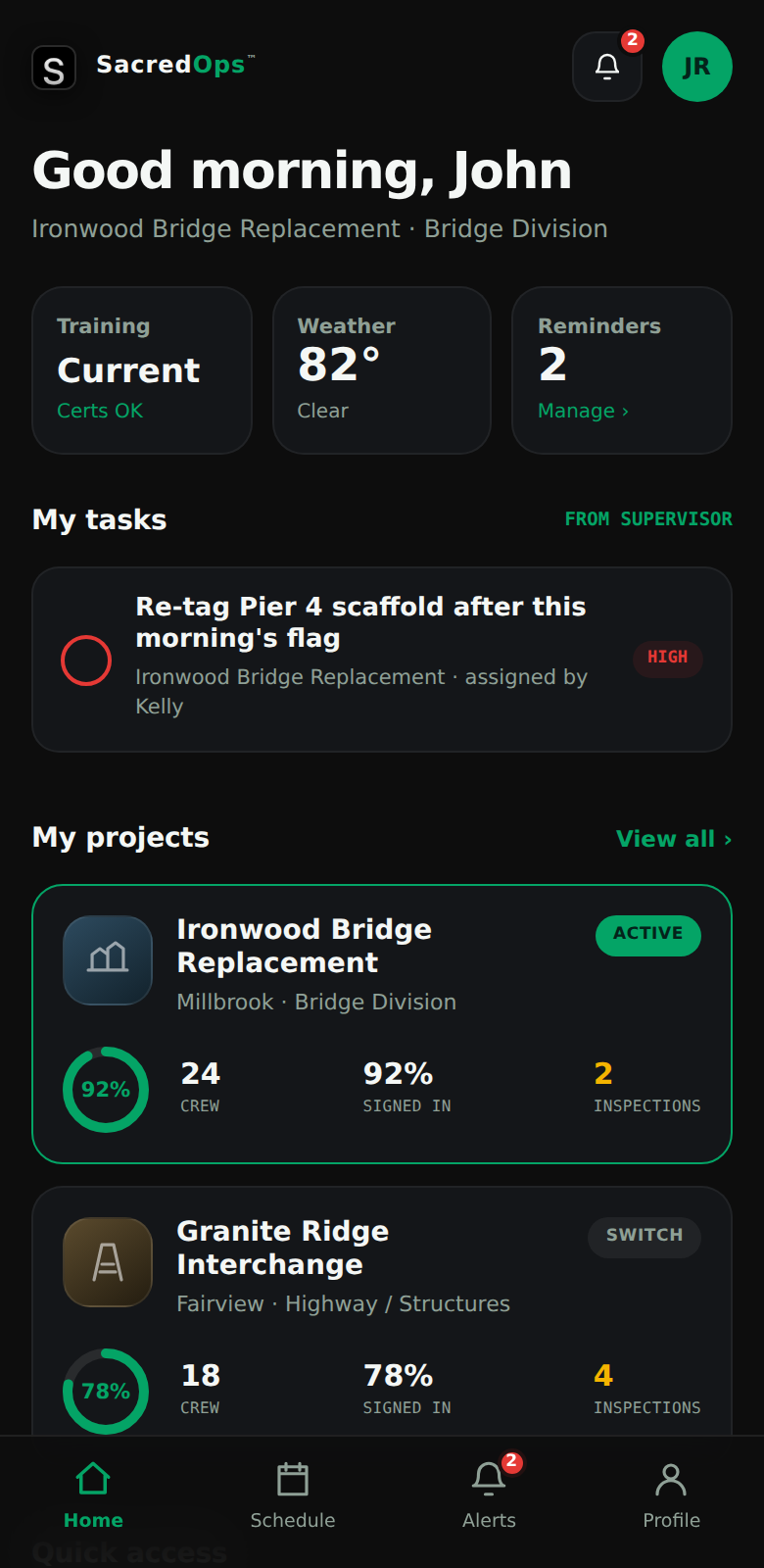 SacredOps worker portal on a phone